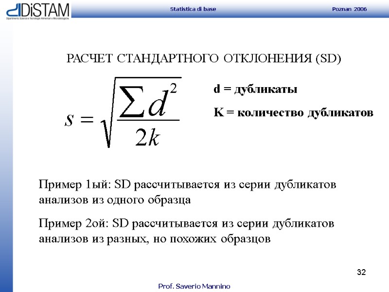 32 РАСЧЕТ СТАНДАРТНОГО ОТКЛОНЕНИЯ (SD) Пример 1ый: SD рассчитывается из серии дубликатов анализов из